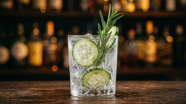 Cold gin tonic cocktail with rosemary and cucumber, commercial food photography.