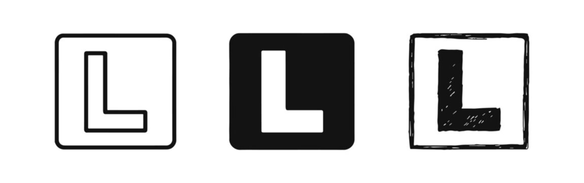 Learner Driver L Plate Icon Set - Provisional Driving License Symbol in Outline, Solid, and Hand-Drawn Styles