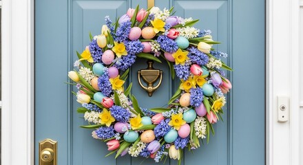 Festive Easter wreath made of eggs and spring flowers on blue door in Center.