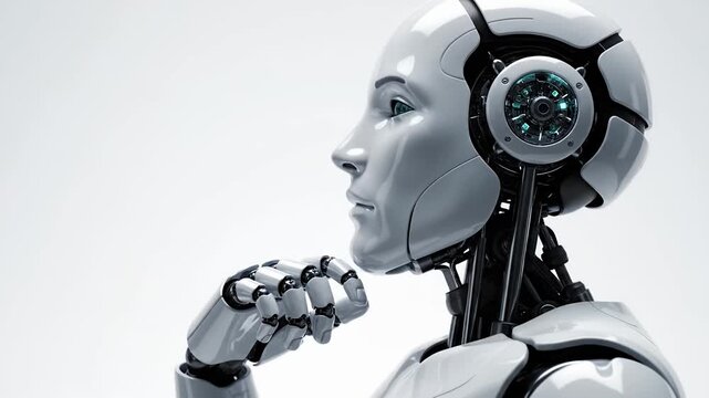 Humanoid robot thinking in profile view on white background