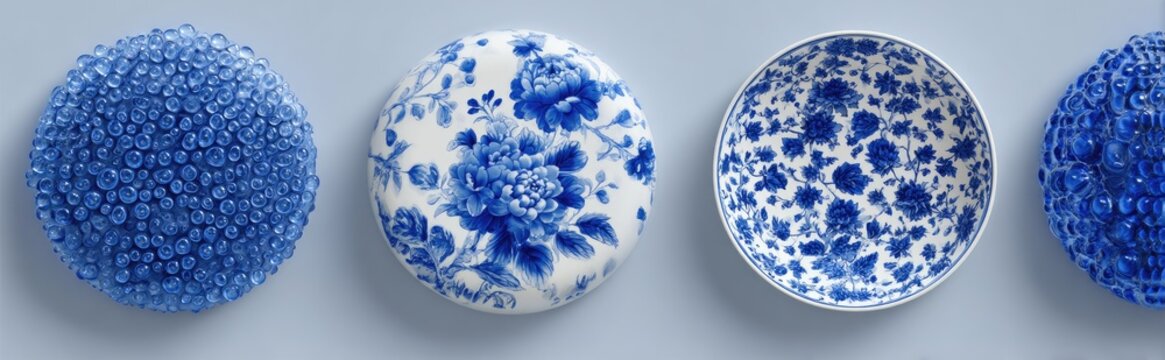 Four blue objects in a row two textured spheres, a floral-patterned egg, and a patterned bowl
