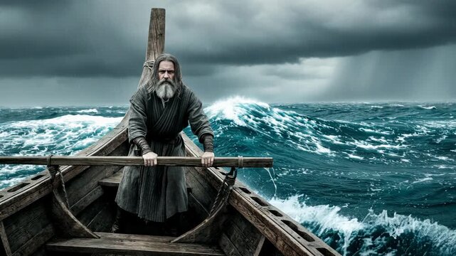 A man with a long beard steering a boat on a stormy sea. Resilience and perseverance through tribulation in a powerful biblical narrative.