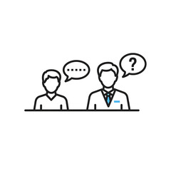 Fototapeta premium Two people discussing ideas with speech bubbles and question symbols above them. 