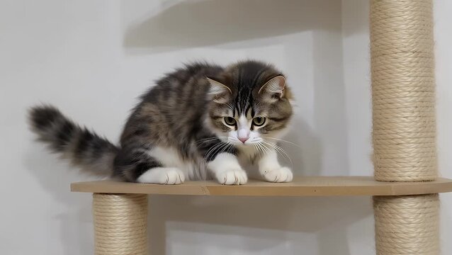 A playful and energetic young cat with wide alert eyes positioned atop a cat scratching post, head lowered in a mischievous and ready to pounce posture