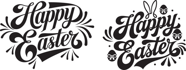 Happy Easter lettering typography set with bunny ears and decorated eggs black vector illustration © noorskills