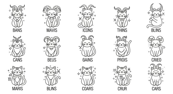 A collection of cute animal line drawings with onomatopoeia labels.