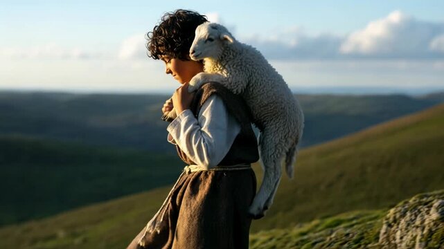 Young boy with curly hair carrying a lamb on his shoulders in a mountain valley, depicting a bible story of a good shepherd.