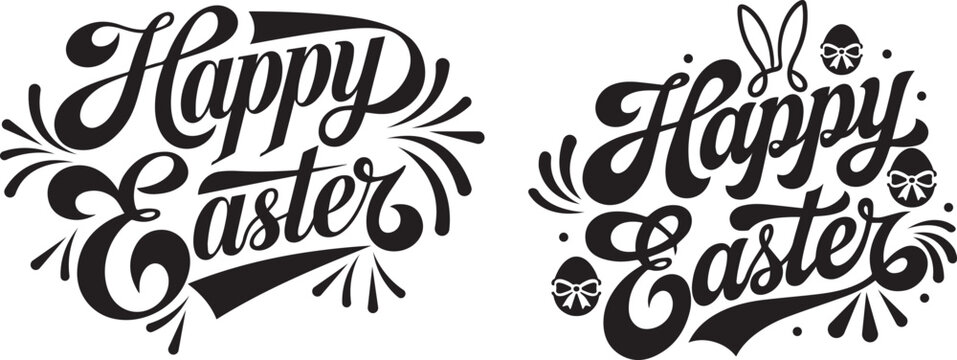 Happy Easter lettering typography set with bunny ears and decorated eggs black vector illustration