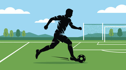 Fototapeta premium Soccer player silhouette dribbling football on green field with goal