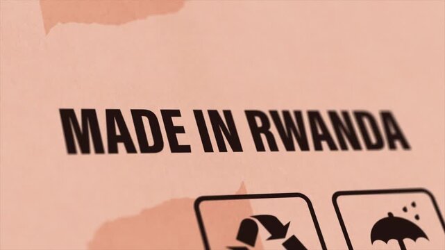Made in RWANDA Label on Cardboard Box, Animated RWANDA Manufacturing Export Concept