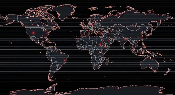 Futuristic digital world map displaying global hotspots or outbreak locations marked with glowing red indicators against a dark technological background design.