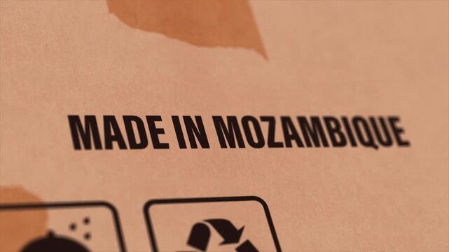 Made in MOZAMBIQUE Label on Cardboard Box, Animated MOZAMBIQUE Manufacturing Export Concept
