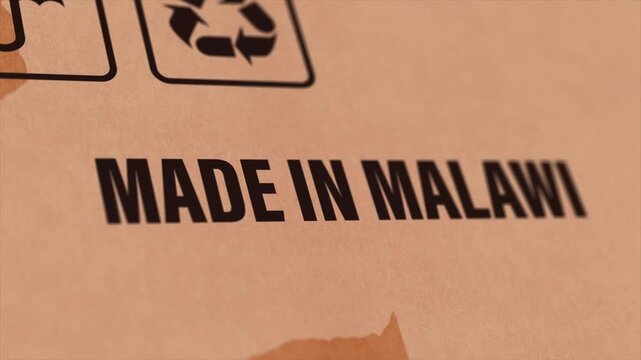 Made in MALAWI Label on Cardboard Box, Animated MALAWI Manufacturing Export Concept