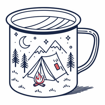 A whimsical mug design featuring a snowy mountain scene with a tent and stars Vector