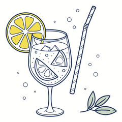 A refreshing cocktail with a slice of lemon and a mint leaf in a fancy glass Vector © RABBY