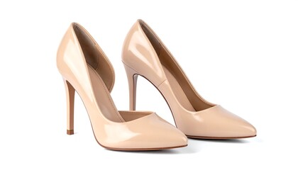 Naklejka premium Two glossy, beige-colored, high-heeled shoes are displayed on a white background in a studio setting