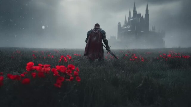 Sole Knight in Red Cloak, Sword at Side, Stands in Vibrant Poppy Field Facing Dark Castle Under Gloomy Sky