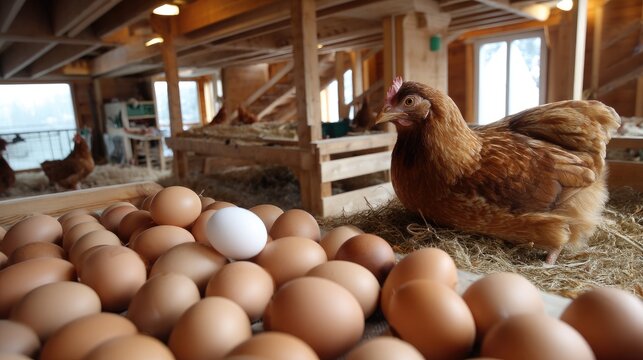 Hen sits on eggs at an egg-laying farm with many fresh brown eggs and other hens walking in the blurred background