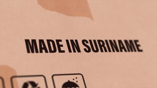 Made in SURINAME Label on Cardboard Box, Animated SURINAME Manufacturing Export Concept