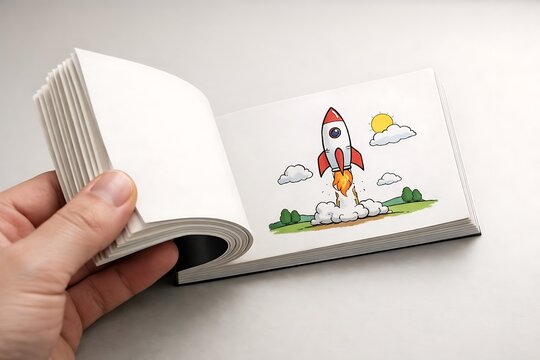 Hand Flipping Book Pages to Reveal Rocket Launch Illustration