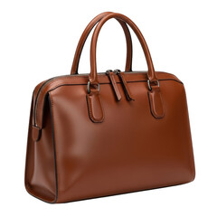 A brown leather handbag with two handles PNG isolated on transparent background