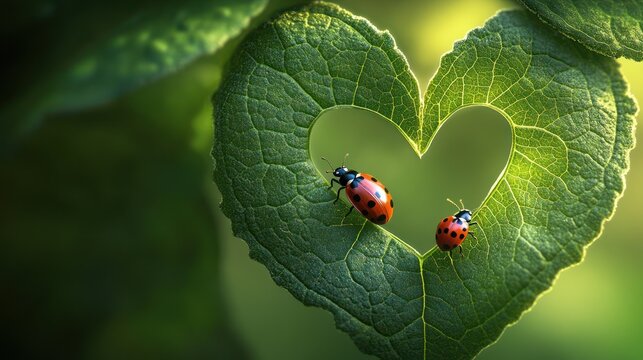Two ladybugs on heart-shaped leaf, nature background, close-up