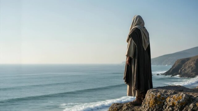Man clad in ancient robe sitting then standing on a cliff overlooking the ocean, reflecting on biblical narrative and spiritual journey.