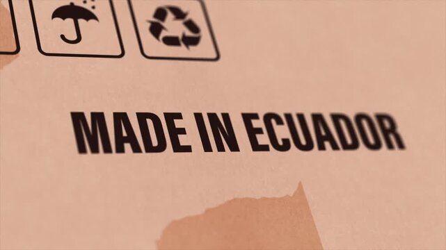 Made in ECUADOR Label on Cardboard Box, Animated ECUADOR Manufacturing Export Concept