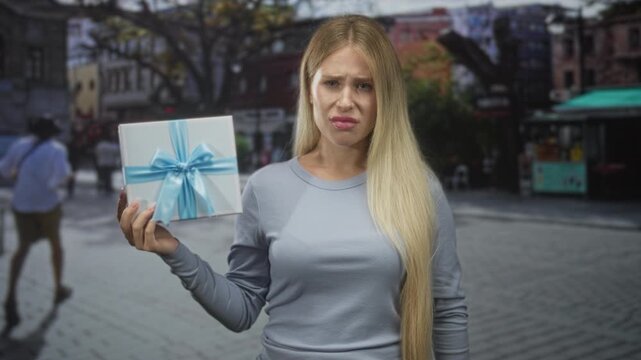 Woman holding a wrapped gift box with blue ribbon, visible hand, long blonde hair and grimacing face on a cobblestone street; disappointment.