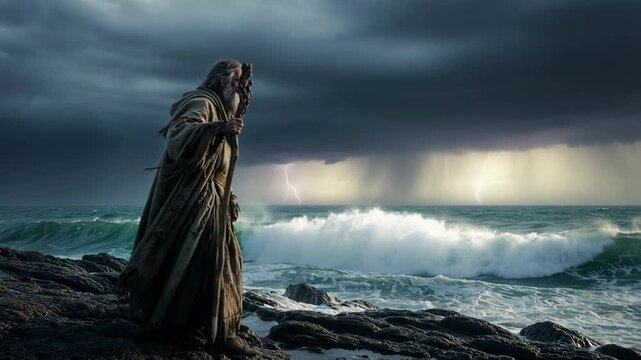 An old man standing by a stormy sea with lightning, a biblical prophet gazing at the turbulent ocean during a powerful storm.