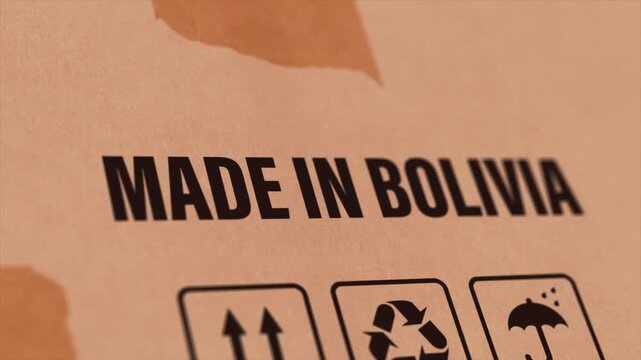 Made in BOLIVIA Label on Cardboard Box, Animated BOLIVIA Manufacturing Export Concept