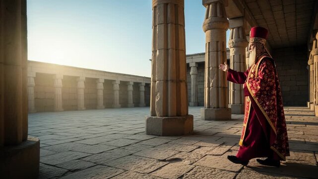 Elderly man in priestly vestment standing in ancient biblical temple court with stone pillars during sunrise, religious tradition