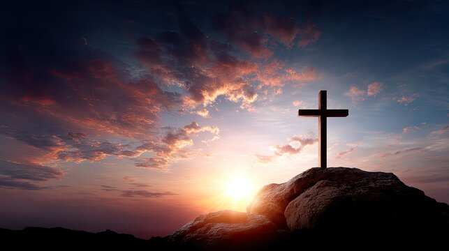 Cross of Jesus Christ stands on a hill against a sunset sky with warm colors, symbolizing hope and renewal during the Easter season