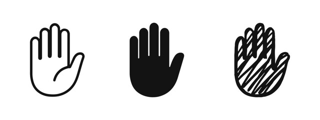 Obraz premium Stop hand gesture icon set in line, solid, and sketch styles. Human palm prohibition symbol collection vector.