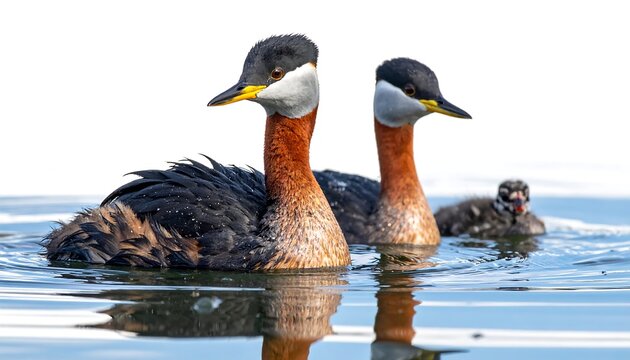 Two reddish-necked grebes swimming on water with a chick. Water reflects light with slight ripples on the surface