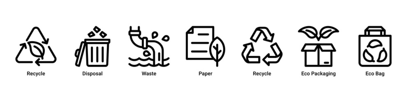 Waste Control web banner icon vector illustration with Recycle,Disposal,Waste,Paper,Eco Packaging,and Eco Bag icons representing waste reduction and recycling management.