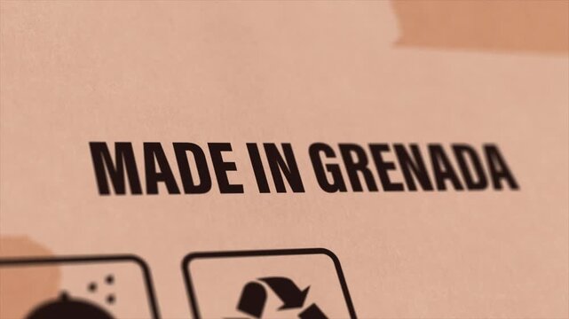 Made in GRENADA Label on Cardboard Box, Animated GRENADA Manufacturing Export Concept