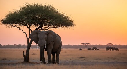Fototapeta premium Elephant Resting Under Acacia Tree at Sunset in African Savanna.