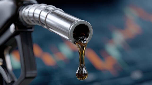 Close-up view of oil dripping from a gas pump with a blurred stock market chart in the background during daylight hours