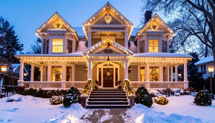 Fototapeta premium Two-story house is adorned with holiday lights, set against a snow-covered lawn. A warm glow shines from the windows