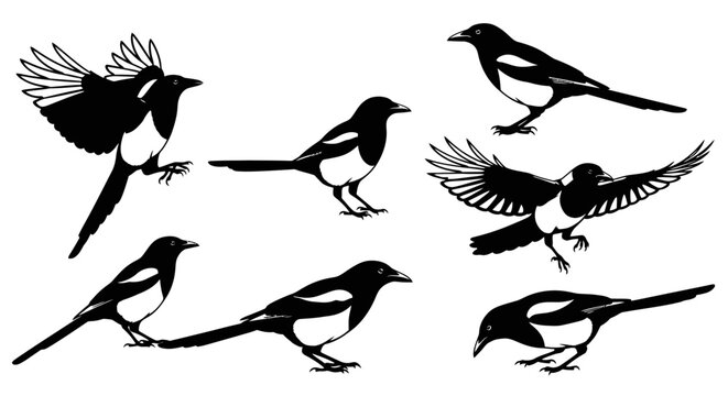 Collection of Magpie Bird Silhouettes in Various Poses