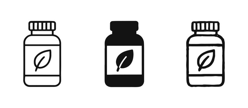 Natural product bottle icon set with leaf label in line, solid, and sketch styles. Organic supplement symbols vector.
