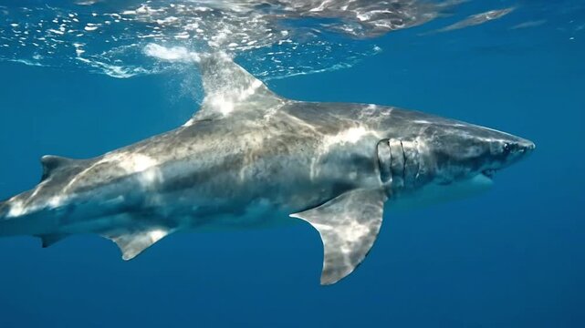 Great white shark swimming underwater ocean, marine wildlife predator, blue sea nature photography, dangerous fish