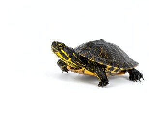 Obraz premium Turtle with distinctive yellow stripes on its head and neck, isolated against a stark white background