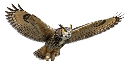 Fototapeta premium An owl with brown and white feathers in mid-flight against a white background