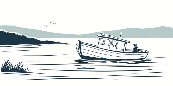 A small boat sails on a calm lake with a distant mountain range. Vector