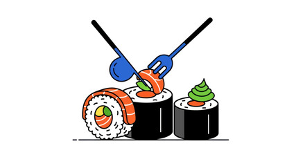 Sushi rolls with chopsticks and fork