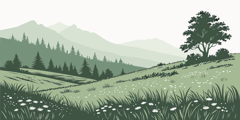 A serene landscape of rolling hills and lush greenery under a clear blue sky Vector © rabby