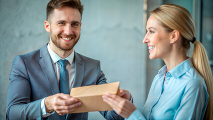 Fototapeta premium Colleagues exchanging envelopes with smiles in a modern office setting