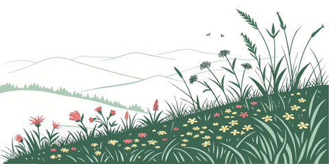 A serene landscape of grassy hills with a distant horizon under a clear sky Vector © rabby